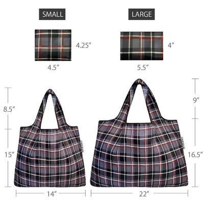 Wrapables Large & Small Foldable Tote Nylon Reusable Grocery Bags, Set of 2, Black Plaid Image 1
