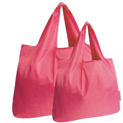 Wrapables Large & Small Foldable Tote Nylon Reusable Grocery Bags, Set of 2, Bright Pink Image 1