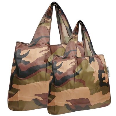 Wrapables Large & Small Foldable Tote Nylon Reusable Grocery Bags, Set of 2, Camo Image 1