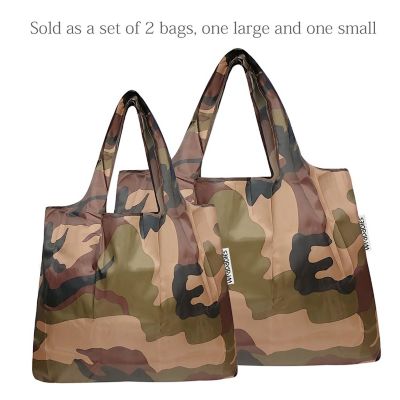 Wrapables Large & Small Foldable Tote Nylon Reusable Grocery Bags, Set of 2, Camo Image 2