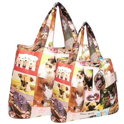 Wrapables Large & Small Foldable Tote Nylon Reusable Grocery Bags, Set of 2, Cats & Dogs Image 1