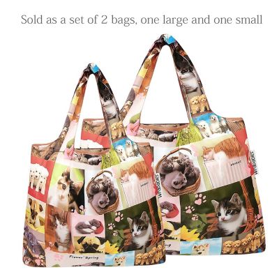Wrapables Large & Small Foldable Tote Nylon Reusable Grocery Bags, Set of 2, Cats & Dogs Image 2