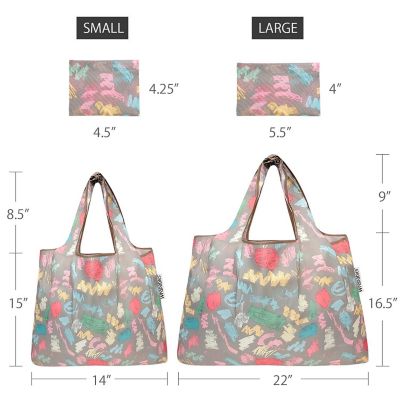 Wrapables Large & Small Foldable Tote Nylon Reusable Grocery Bags, Set of 2, Colorful Doodles Image 1