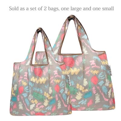 Wrapables Large & Small Foldable Tote Nylon Reusable Grocery Bags, Set of 2, Colorful Doodles Image 2