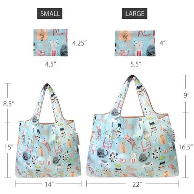 Wrapables Large & Small Foldable Tote Nylon Reusable Grocery Bags, Set of 2, Cool Cats Image 1