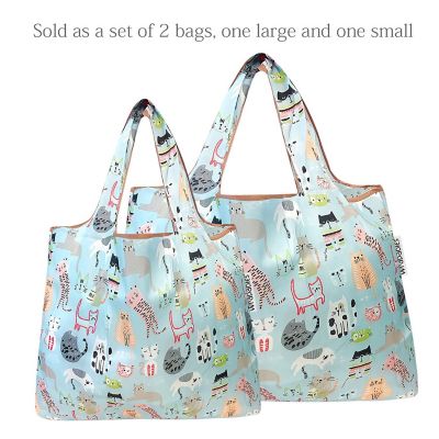 Wrapables Large & Small Foldable Tote Nylon Reusable Grocery Bags, Set of 2, Cool Cats Image 2