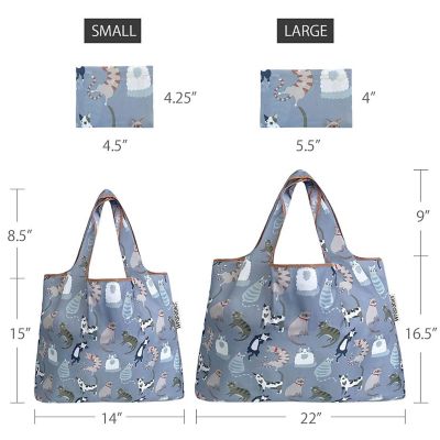 Wrapables Large & Small Foldable Tote Nylon Reusable Grocery Bags, Set of 2, Cool Felines Image 1