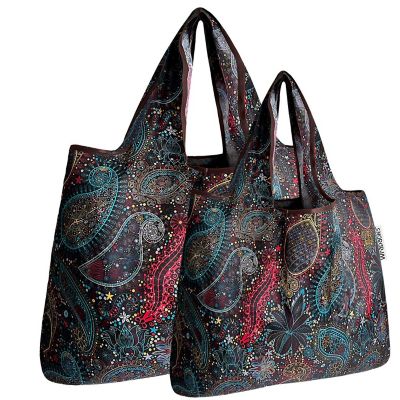 Wrapables Large & Small Foldable Tote Nylon Reusable Grocery Bags, Set of 2, Cosmic Paisley Image 1