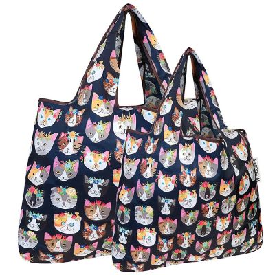 Wrapables Large & Small Foldable Tote Nylon Reusable Grocery Bags, Set of 2, Crazy Cats Image 1