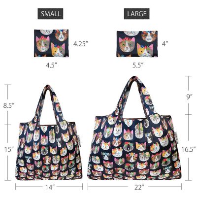 Wrapables Large & Small Foldable Tote Nylon Reusable Grocery Bags, Set of 2, Crazy Cats Image 1