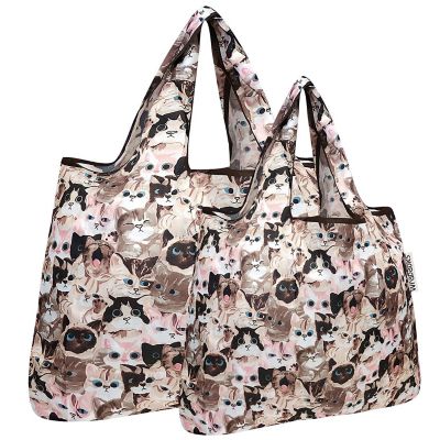 Wrapables Large & Small Foldable Tote Nylon Reusable Grocery Bags, Set of 2, Cuddly Kitties Image 1