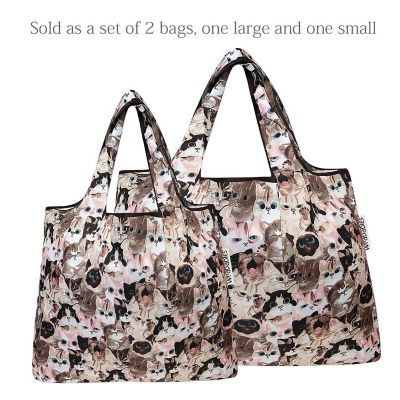 Wrapables Large & Small Foldable Tote Nylon Reusable Grocery Bags, Set of 2, Cuddly Kitties Image 2