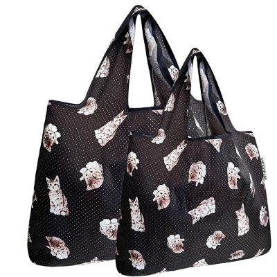 Wrapables Large & Small Foldable Tote Nylon Reusable Grocery Bags, Set of 2, Cute Kitty Image 1