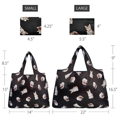 Wrapables Large & Small Foldable Tote Nylon Reusable Grocery Bags, Set of 2, Cute Kitty Image 1