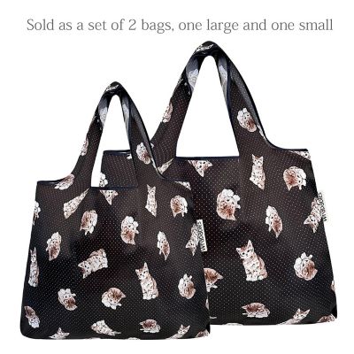 Wrapables Large & Small Foldable Tote Nylon Reusable Grocery Bags, Set of 2, Cute Kitty Image 2