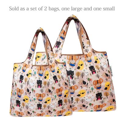 Wrapables Large & Small Foldable Tote Nylon Reusable Grocery Bags, Set of 2, Cuttie Animals Image 2