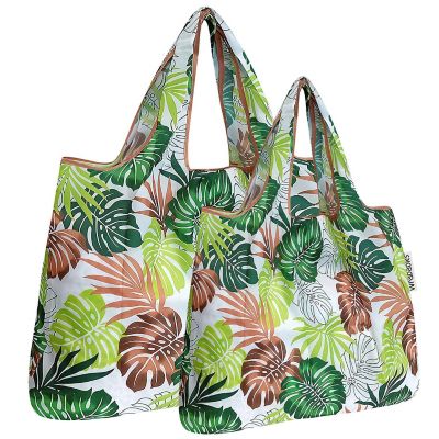 Wrapables Large &amp; Small Foldable Tote Nylon Reusable Grocery Bags, Set of 2, Fern Leaves Image 1