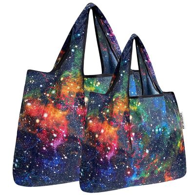 Wrapables Large & Small Foldable Tote Nylon Reusable Grocery Bags, Set of 2, Galaxy Image 1