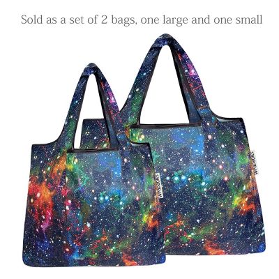 Wrapables Large & Small Foldable Tote Nylon Reusable Grocery Bags, Set of 2, Galaxy Image 2