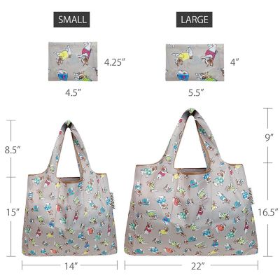 Wrapables Large & Small Foldable Tote Nylon Reusable Grocery Bags, Set of 2, Gray French Bulldogs Image 1