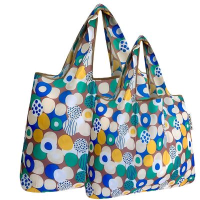 Wrapables Large & Small Foldable Tote Nylon Reusable Grocery Bags, Set of 2, Happy Dots Image 1