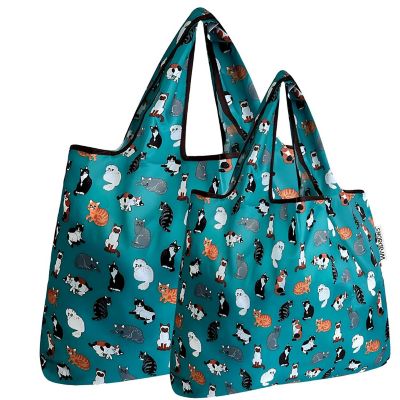 Wrapables Large & Small Foldable Tote Nylon Reusable Grocery Bags, Set of 2, Kitties Everywhere Image 1