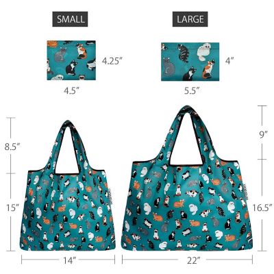 Wrapables Large & Small Foldable Tote Nylon Reusable Grocery Bags, Set of 2, Kitties Everywhere Image 1