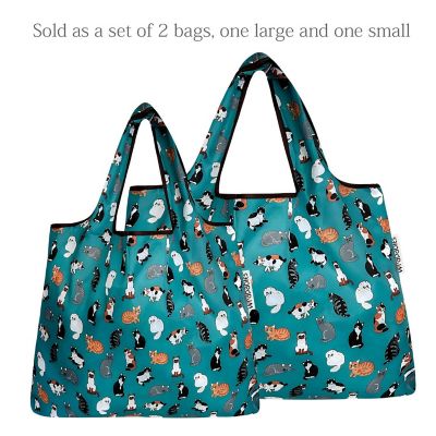 Wrapables Large & Small Foldable Tote Nylon Reusable Grocery Bags, Set of 2, Kitties Everywhere Image 2