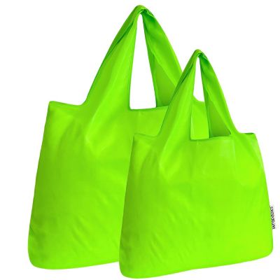 Wrapables Large & Small Foldable Tote Nylon Reusable Grocery Bags, Set of 2, Lime Image 1