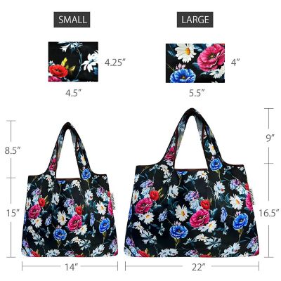 Wrapables Large & Small Foldable Tote Nylon Reusable Grocery Bags, Set of 2, Midnight Bouquet Image 1