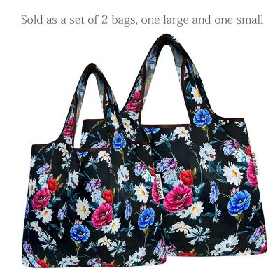 Wrapables Large & Small Foldable Tote Nylon Reusable Grocery Bags, Set of 2, Midnight Bouquet Image 2