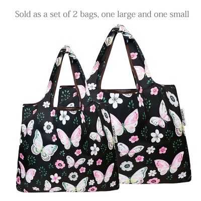 Wrapables Large & Small Foldable Tote Nylon Reusable Grocery Bags, Set of 2, Midnight Butterfly Image 2