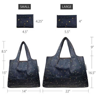 Wrapables Large & Small Foldable Tote Nylon Reusable Grocery Bags, Set of 2, Moon & Stars Image 1