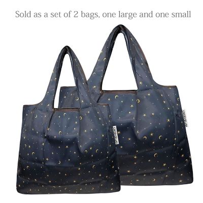 Wrapables Large & Small Foldable Tote Nylon Reusable Grocery Bags, Set of 2, Moon & Stars Image 2