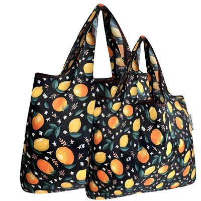 Wrapables Large & Small Foldable Tote Nylon Reusable Grocery Bags, Set of 2, Oranges & Lemons Image 1