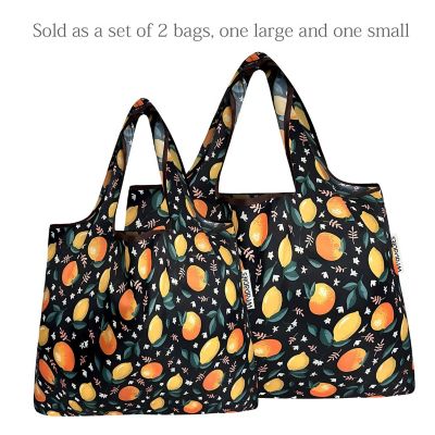 Wrapables Large & Small Foldable Tote Nylon Reusable Grocery Bags, Set of 2, Oranges & Lemons Image 2