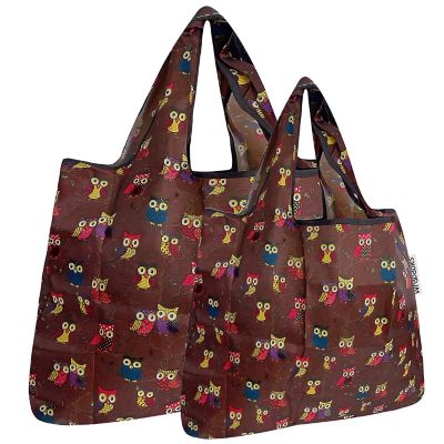 Wrapables Large & Small Foldable Tote Nylon Reusable Grocery Bags, Set of 2, Owls Brown Image 1