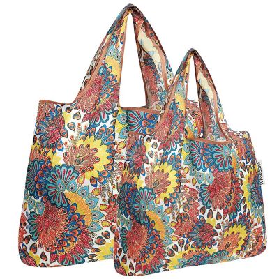 Wrapables Large & Small Foldable Tote Nylon Reusable Grocery Bags, Set of 2, Peacock Image 1
