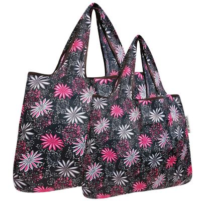 Wrapables Large & Small Foldable Tote Nylon Reusable Grocery Bags, Set of 2, Pink in Bloom Image 1