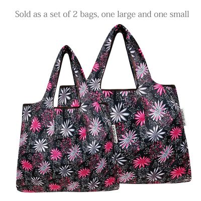 Wrapables Large & Small Foldable Tote Nylon Reusable Grocery Bags, Set of 2, Pink in Bloom Image 2