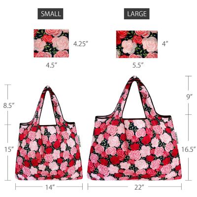 Wrapables Large & Small Foldable Tote Nylon Reusable Grocery Bags, Set of 2, Pink Roses Image 1