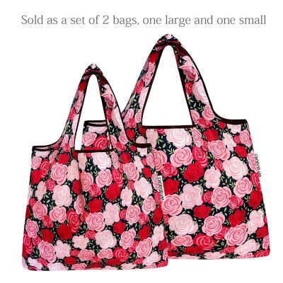 Wrapables Large & Small Foldable Tote Nylon Reusable Grocery Bags, Set of 2, Pink Roses Image 2