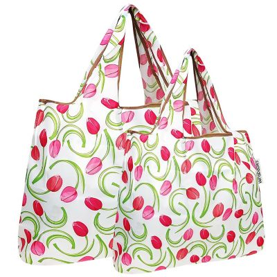 Wrapables Large & Small Foldable Tote Nylon Reusable Grocery Bags, Set of 2, Pink Tulips Image 1