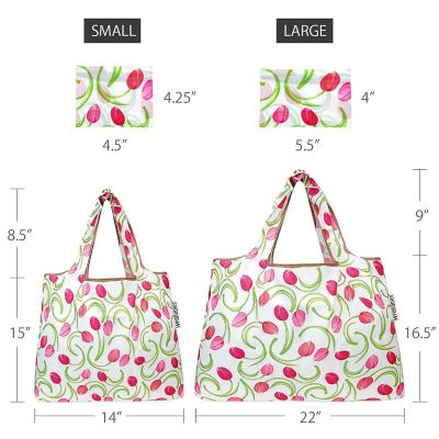 Wrapables Large & Small Foldable Tote Nylon Reusable Grocery Bags, Set of 2, Pink Tulips Image 1
