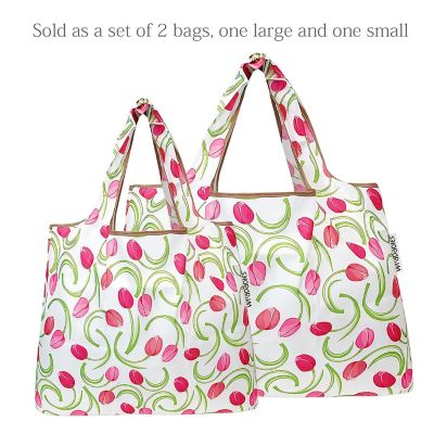 Wrapables Large & Small Foldable Tote Nylon Reusable Grocery Bags, Set of 2, Pink Tulips Image 2