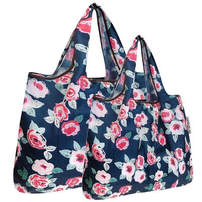 Wrapables Large & Small Foldable Tote Nylon Reusable Grocery Bags, Set of 2, Rose Floral Image 1