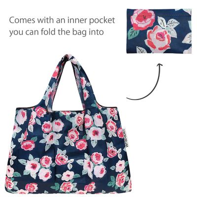 Wrapables Large & Small Foldable Tote Nylon Reusable Grocery Bags, Set of 2, Rose Floral Image 3