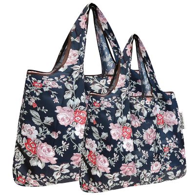 Wrapables Large & Small Foldable Tote Nylon Reusable Grocery Bags, Set of 2, Rose Vines Image 1