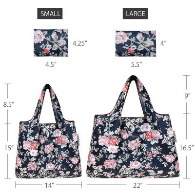 Wrapables Large & Small Foldable Tote Nylon Reusable Grocery Bags, Set of 2, Rose Vines Image 1