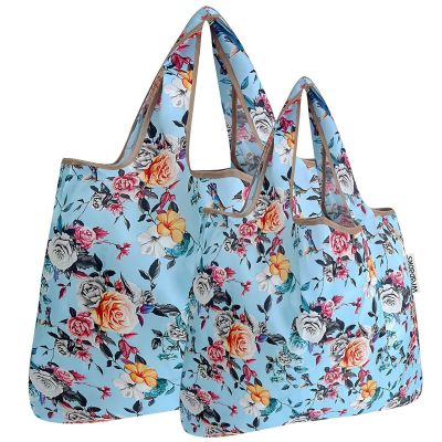 Wrapables Large & Small Foldable Tote Nylon Reusable Grocery Bags, Set of 2, Roses on Blue Image 1